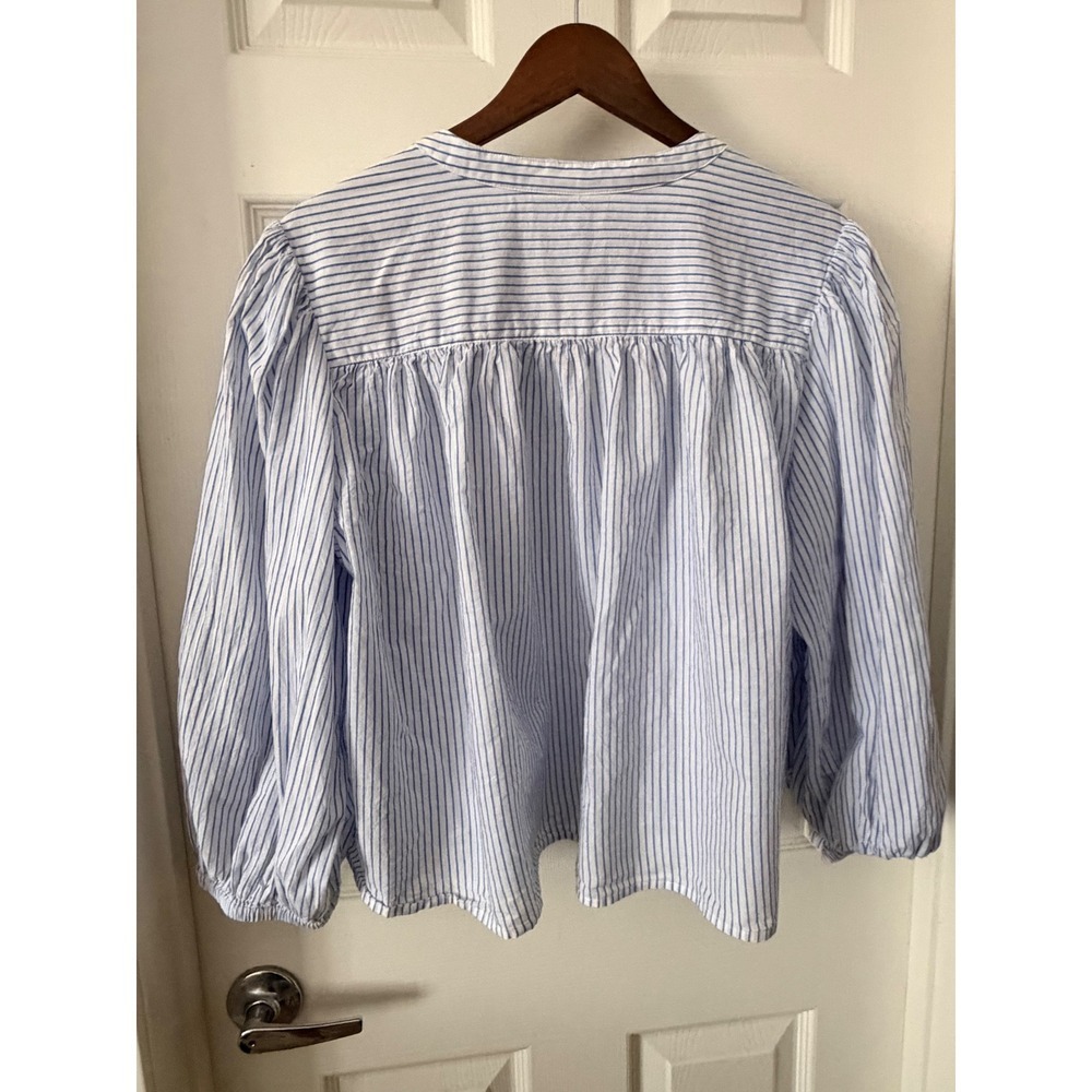 Free Assembly Women XL Blue White Striped Cotton Button Front Blouse - Picture 4 of 5
